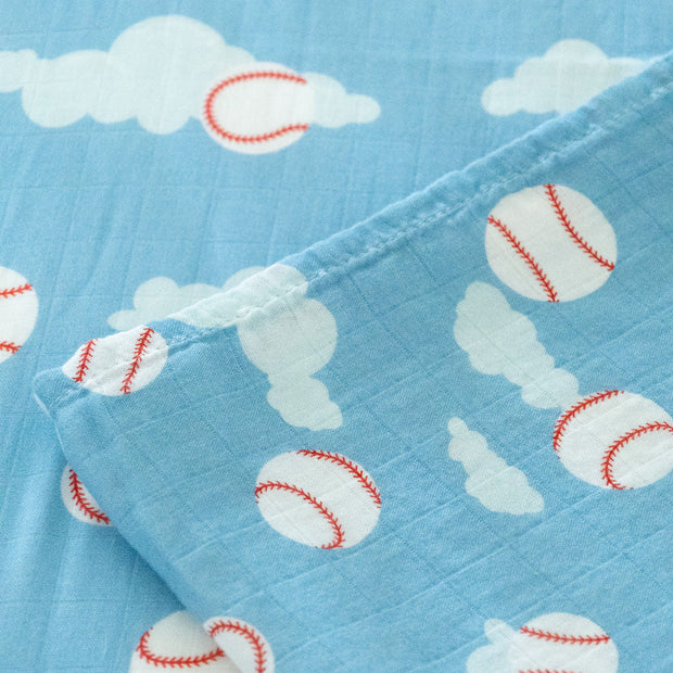 Organic Bamboo Cotton Muslin Swaddle Blanket in Baseballs in the Sky