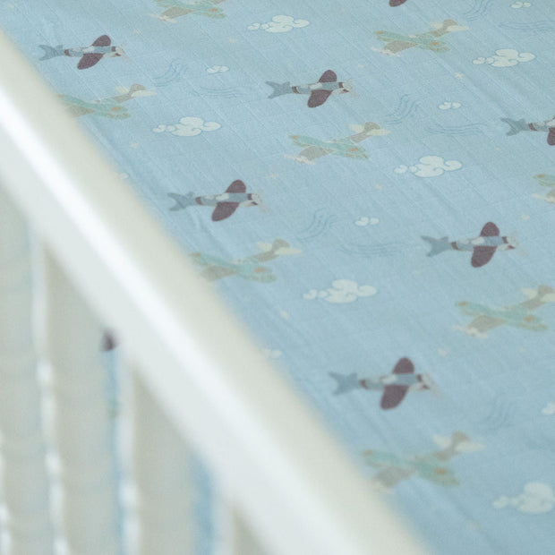 Organic Bamboo Cotton Muslin Crib Sheet in Dreamy Planes