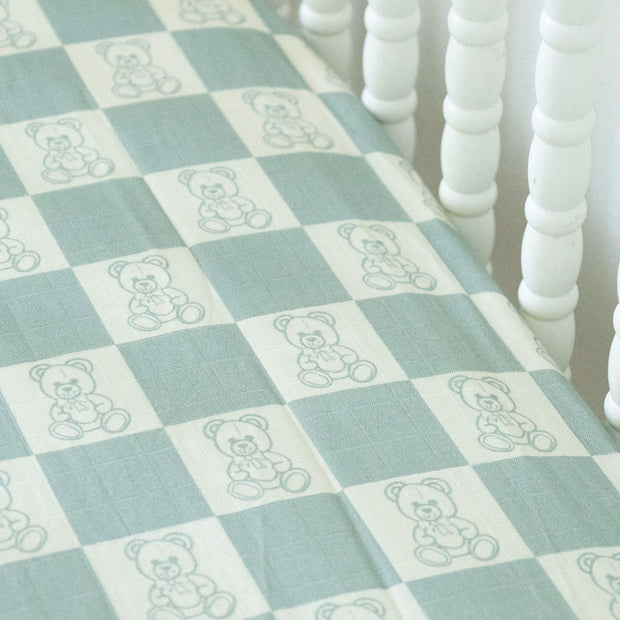 Organic Bamboo Cotton Muslin Crib Sheet in Checkered Bears