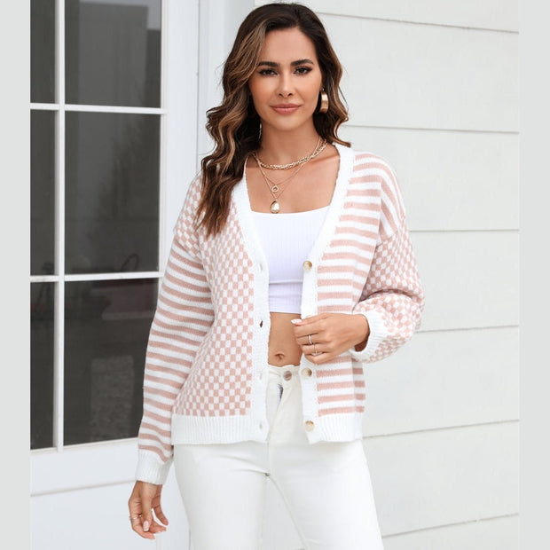 Women Button-Down Stripe & Plaid Contrast Pattern Cardigan Sweater