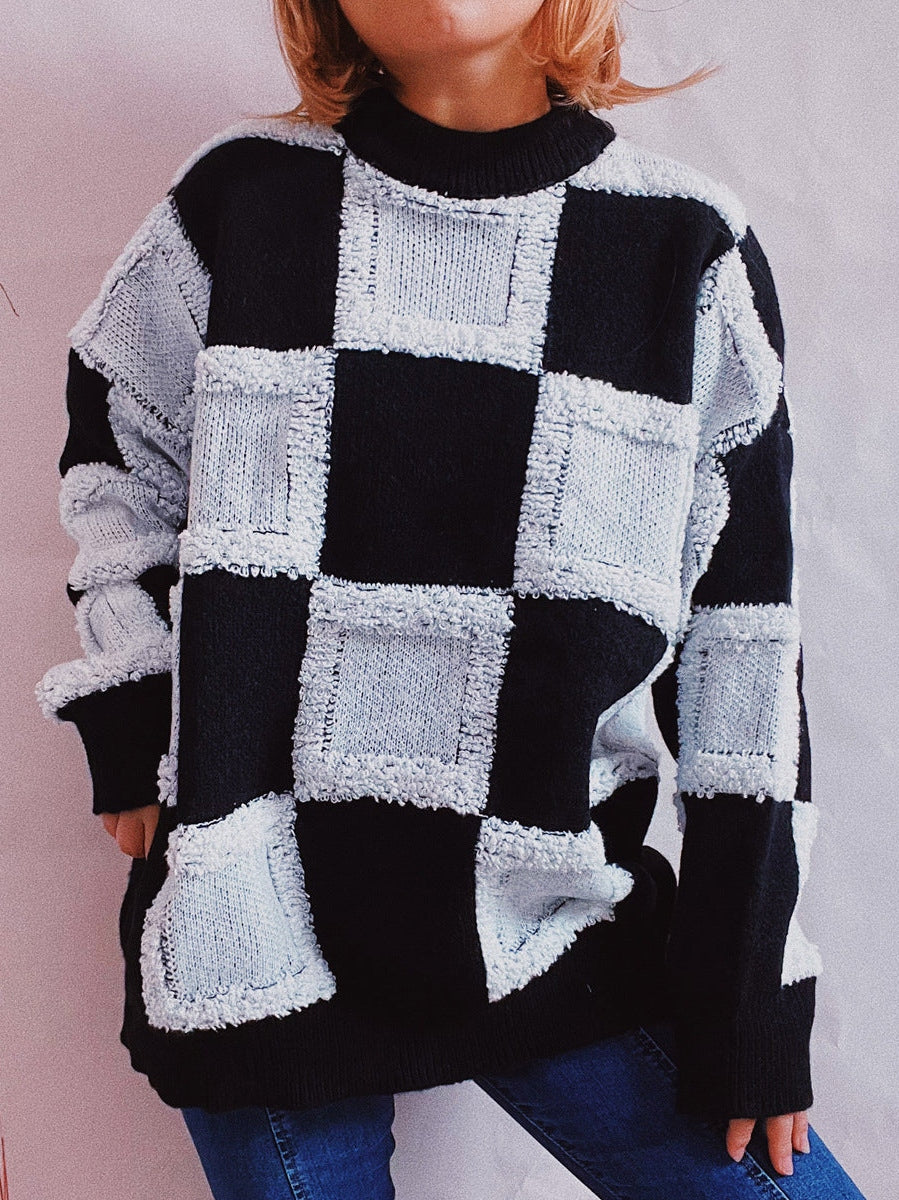 Checkered Round Neck Long Sleeve Sweater