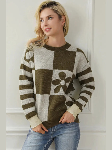 Contrast Round Neck Long Sleeve Sweater