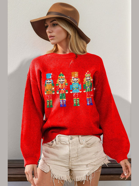 Double Take Full Size Sequin Nutcracker Long Sleeve Sweater
