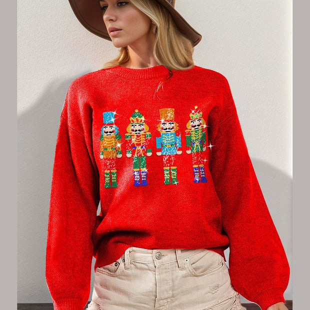 Double Take Full Size Sequin Nutcracker Long Sleeve Sweater