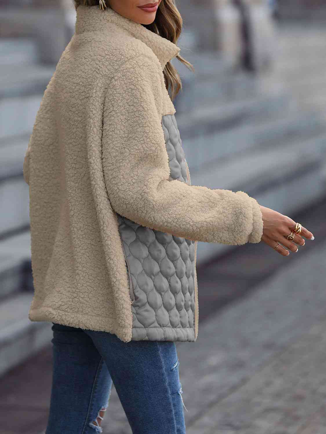 Women Leopard Color Block Zip-Up Jacket