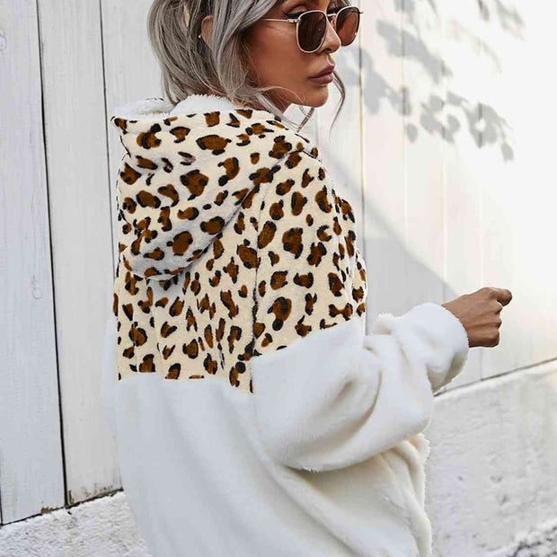 Women Leopard Half-Zip Dropped Shoulder Hoodie