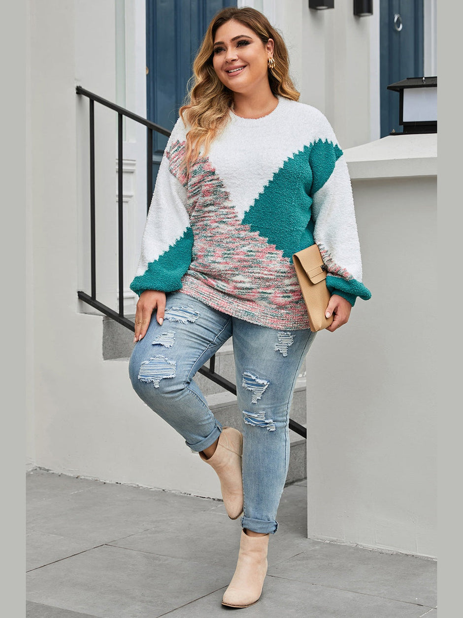 Plus Size Color Block Round Neck Sweater