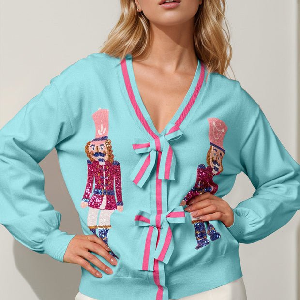 Women Double Take Full Size Nutcracker Sequin Bow Decor Christmas