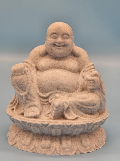 3D - printed smiling Buddha statue, crafted from marble filament for a smooth, serene finish—perfect for decor or gifting