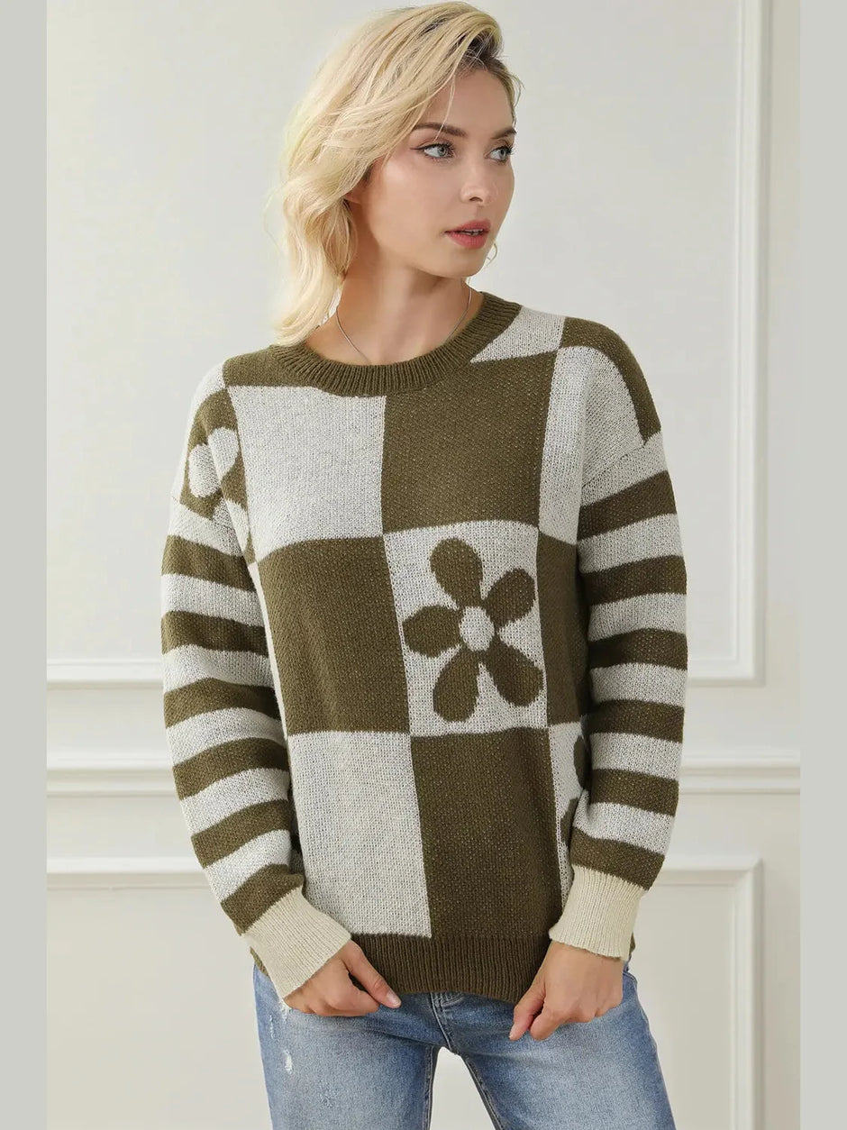 Contrast Round Neck Long Sleeve Sweater