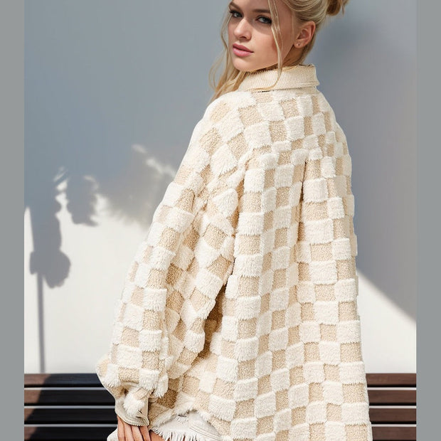 Women Women Double Take Button Up Fuzzy Checkered Shacket