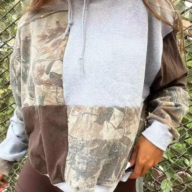 Full Size Drawstring Patchwork Long Sleeve Hoodie