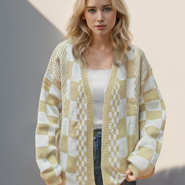 Women Double Take Checkered Open Front Dropped Shoulder Cardigan