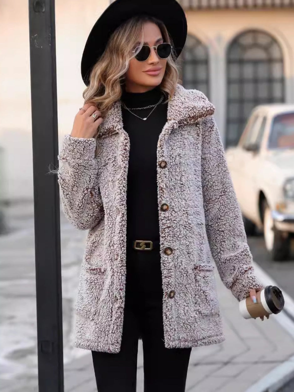 Women Pocketed Collared Neck Long Sleeve Plush Jacket