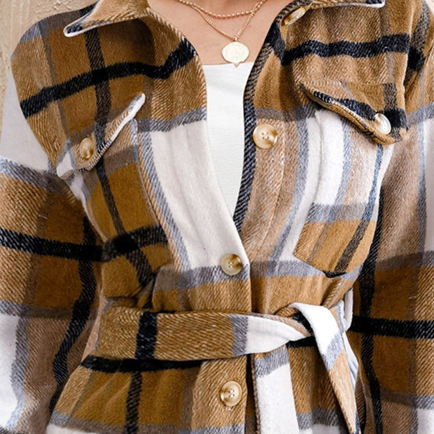 Women FAM-FAM Tied Plaid Button Up Shacket