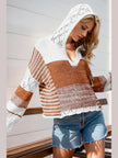 Women Double Take Full Size Openwork Contrast Long Sleeve Hooded Sweater