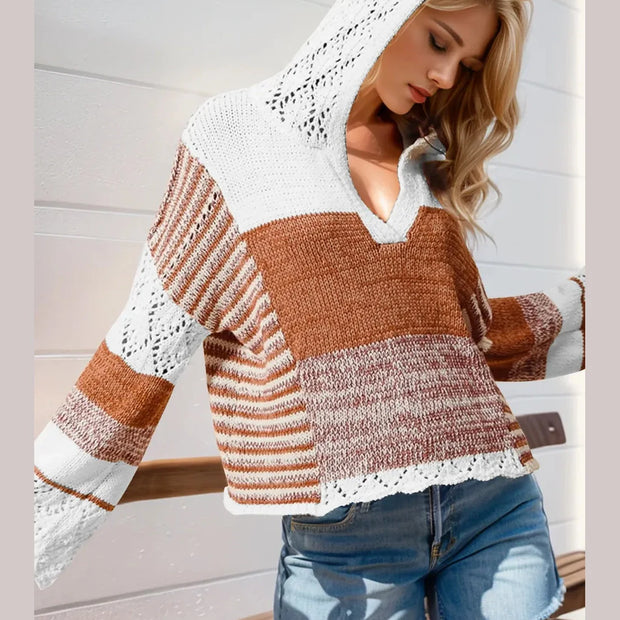 Women Double Take Full Size Openwork Contrast Long Sleeve Hooded Sweater