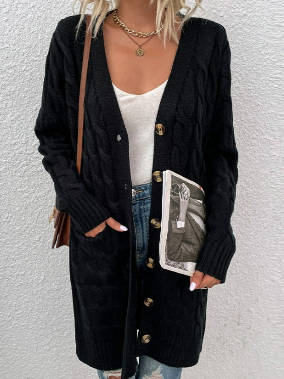 Women Cable-Knit Button Down Cardigan with Pockets