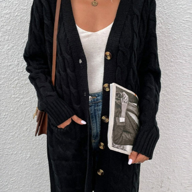 Women Cable-Knit Button Down Cardigan with Pockets