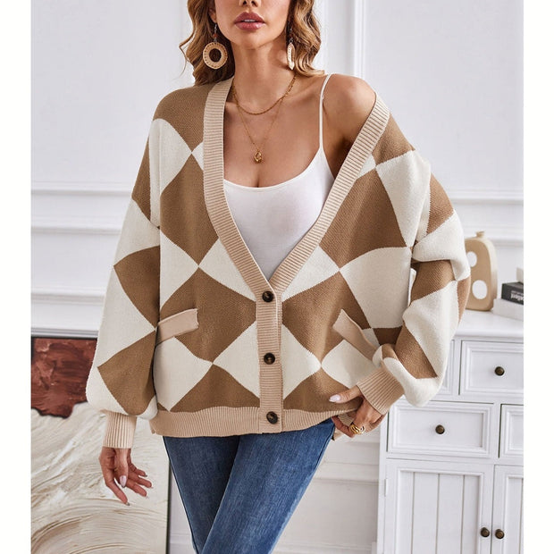 Women Geometric Lantern Sleeve Cardigan with Pockets
