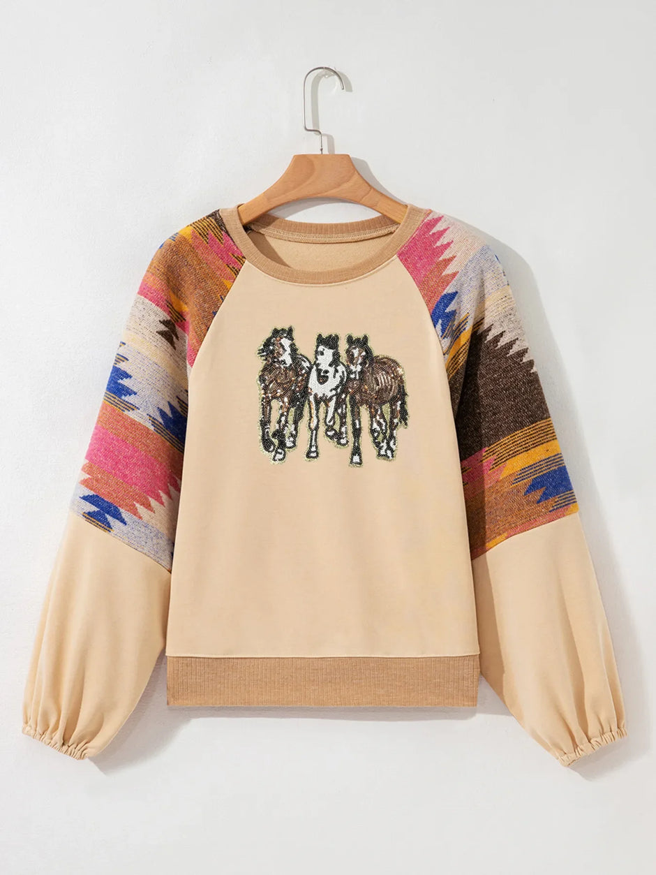 Women Sequined Western Horses Bubble Sleeve Sweatshirt