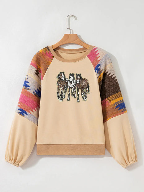 Women Sequined Western Horses Bubble Sleeve Sweatshirt
