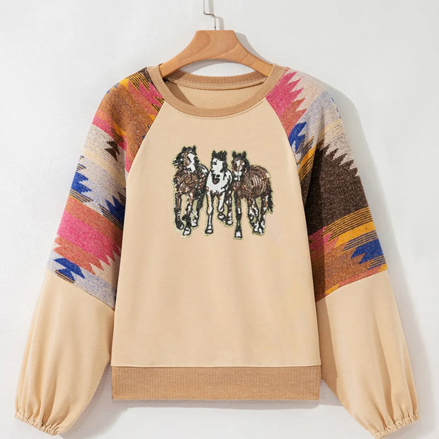 Women Sequined Western Horses Bubble Sleeve Sweatshirt