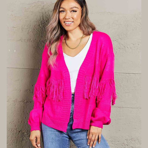 Women Double Take Fringe Trim Open Front Cardigan Sweater