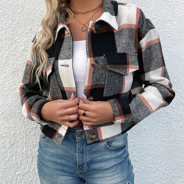 Perfee Plaid Button Up Drop Shoulder Cropped Jacket