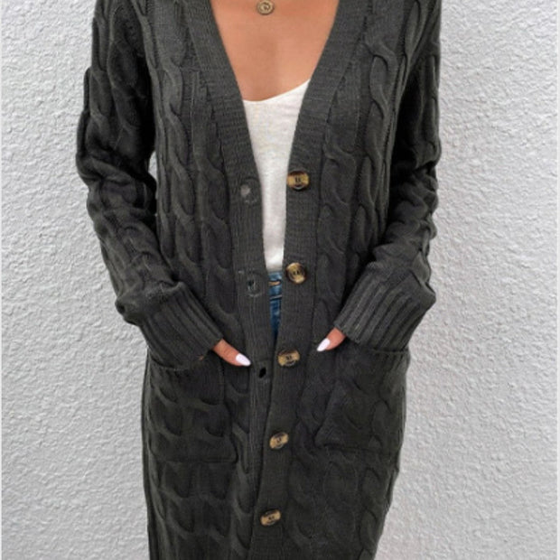 Women Cable-Knit Button Down Cardigan with Pockets