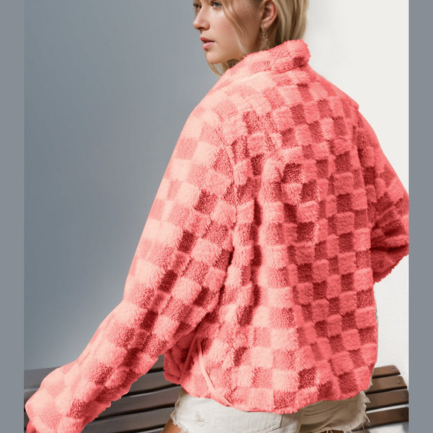 Women Double Take Checkered Long Sleeve Fuzzy Jacket