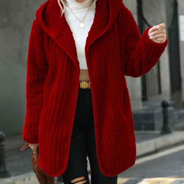 Women Open Front Ribbed Hooded Coat