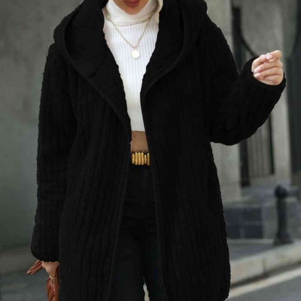 Women Open Front Ribbed Hooded Coat