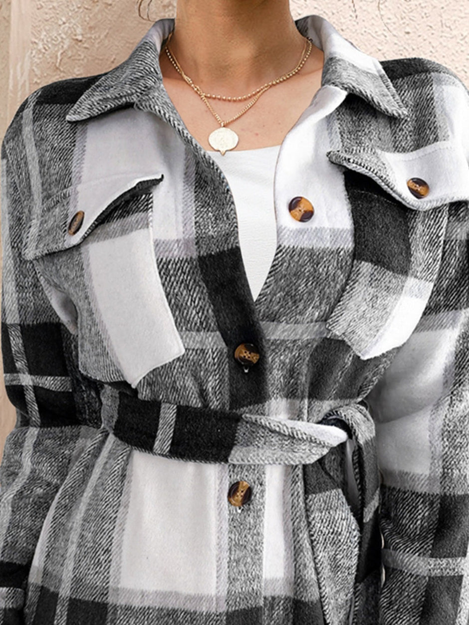Women FAM-FAM Tied Plaid Button Up Shacket