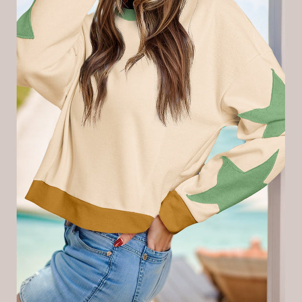 Women Star Contrast Round Neck Long Sleeve Sweatshirt
