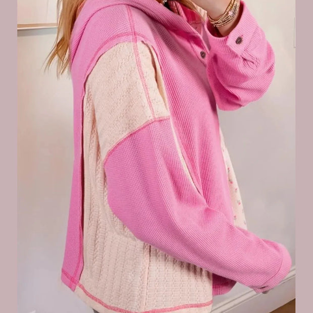 Color Block Button Detail Hoodie