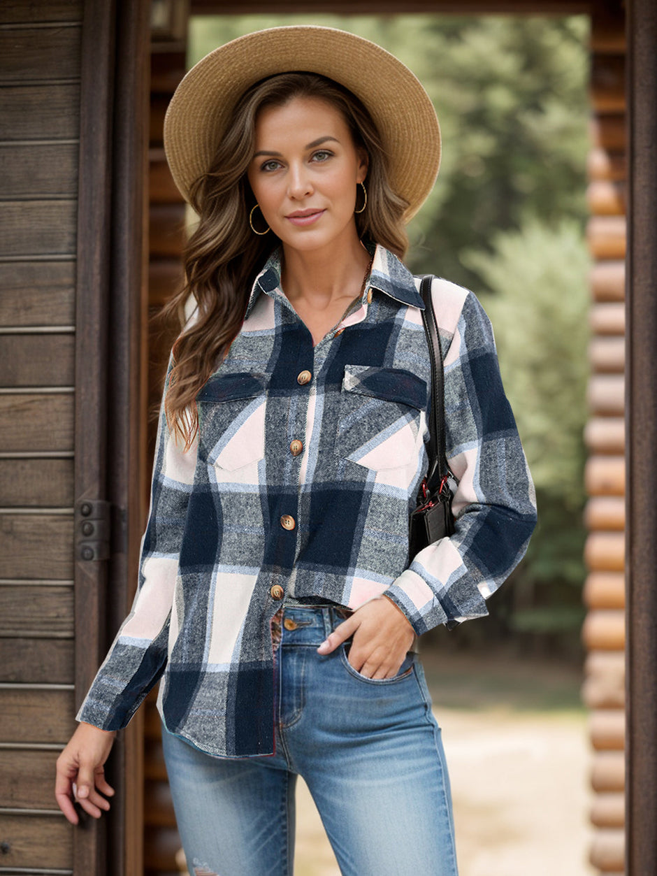 Women Full Size Pocketed Plaid Collared Neck Shacket