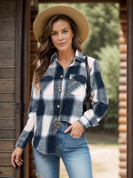 Women Full Size Pocketed Plaid Collared Neck Shacket
