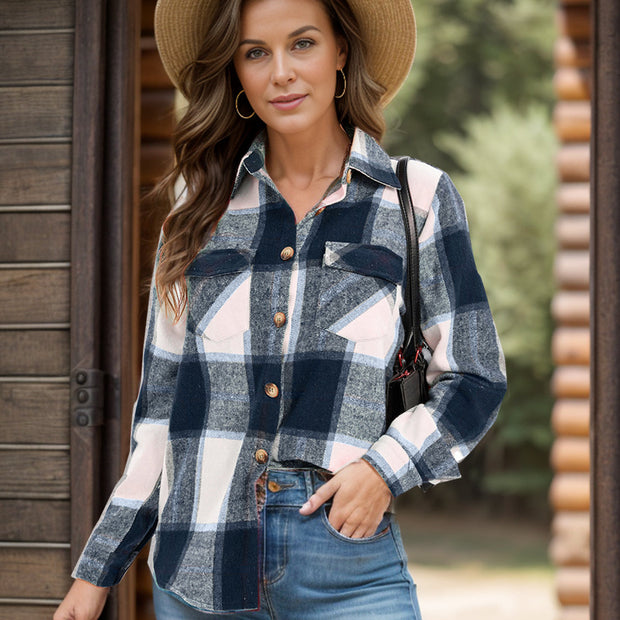 Women Full Size Pocketed Plaid Collared Neck Shacket