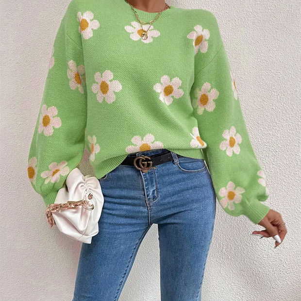 Flower Round Neck Latern Sleeve Sweater