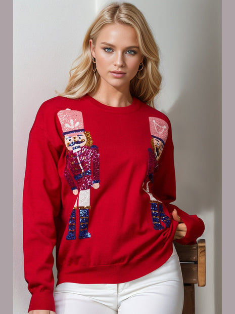 Double Take Full Size Nutcracker Sequin Long Sleeve Sweater