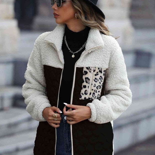 Women Leopard Color Block Zip-Up Jacket