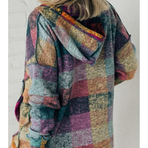 Women Multicolor Brushed Plaid Buttoned Pullover Oversized Hoodie