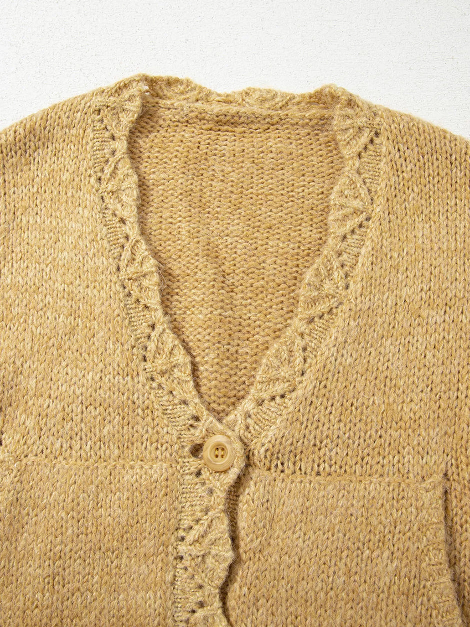 Women Lantern Sleeve Scallop V Neck Buttoned Front Cardigan Sweater