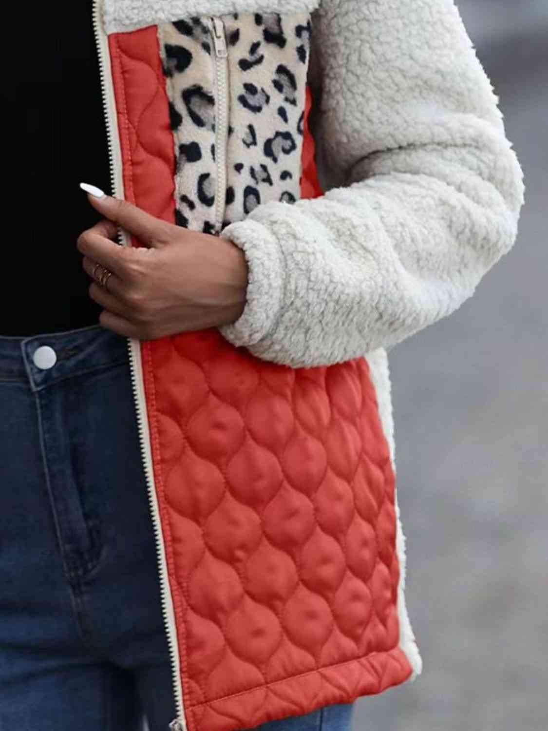 Women Leopard Color Block Zip-Up Jacket