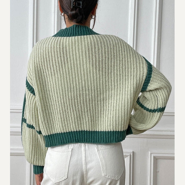 Women Contrast Open Front Long Sleeve Cardigan