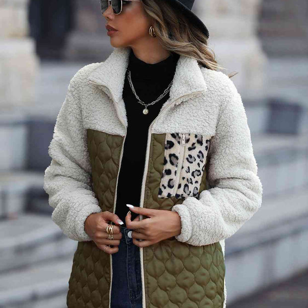 Women Leopard Color Block Zip-Up Jacket