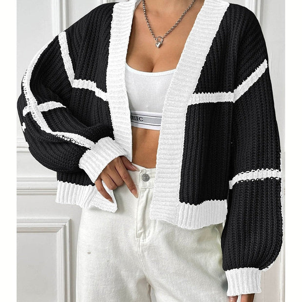 Women Contrast Open Front Long Sleeve Cardigan