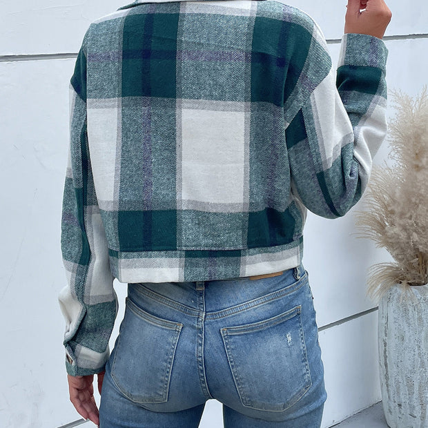 Perfee Plaid Button Up Drop Shoulder Cropped Jacket