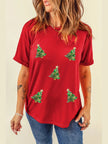 Sequin Christmas Tree Round Neck Short Sleeve T-Shirt
